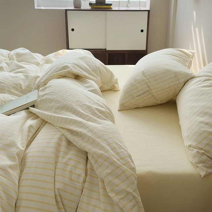 91家纺网 家纺一手货源 找家纺 水洗的故事 2025新款全棉色织水洗棉四件套 简序-米黄