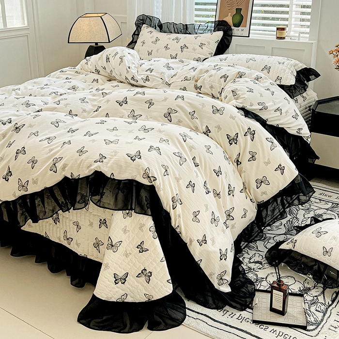 91家纺网 家纺一手货源 找家纺 （总）艾橙 2025新款法式赫本风水洗棉印花雪纺花边单被套