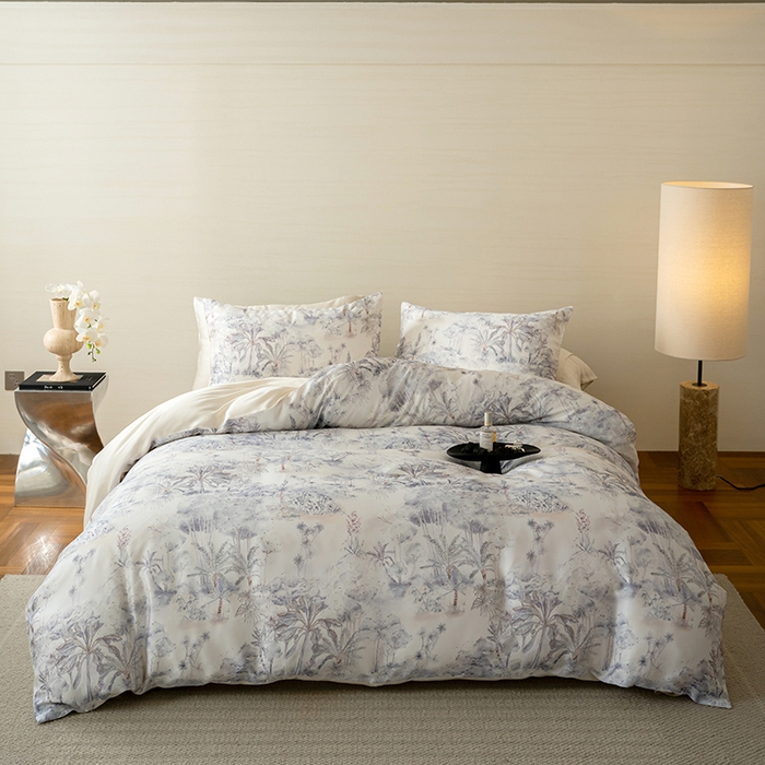 91家纺网 家纺一手货源 找家纺 咏绒家纺工厂店 2025新款60S奥地利兰精天丝数码印花暗合简约款系列四件套 丛林幻想-灰紫