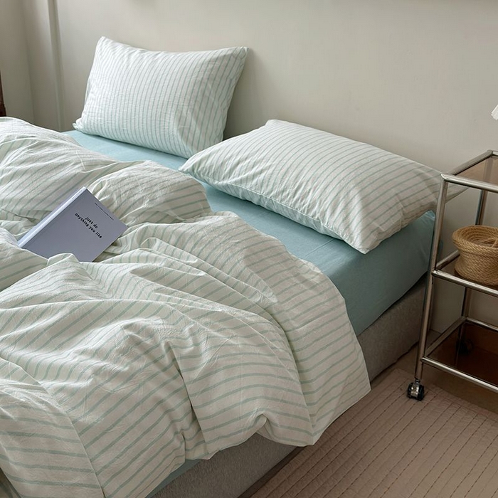 91家纺网 家纺一手货源 找家纺 水洗的故事 2025新款全棉色织水洗棉四件套 简序-蓝