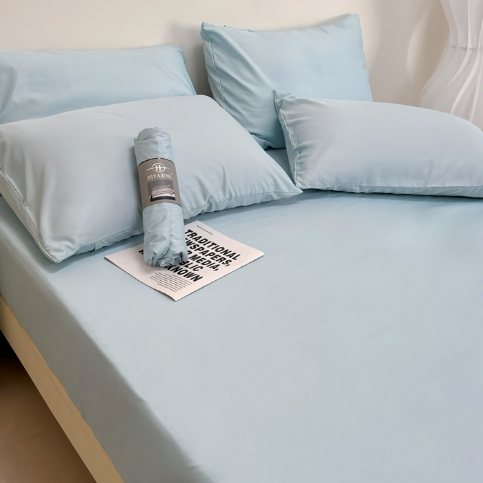 91家纺网 家纺一手货源 找家纺 兜米家居 2025新款床笠A类水洗真丝床笠三件套 冰蓝