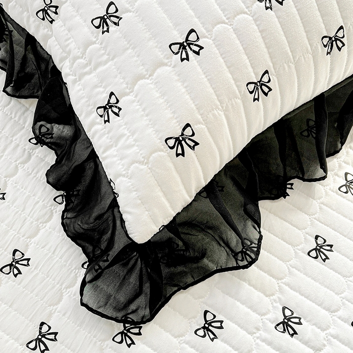 91家纺网 家纺一手货源 找家纺 艾橙 2025新款法式赫本风水洗棉印花雪纺花边单被套 黑色蝴蝶结