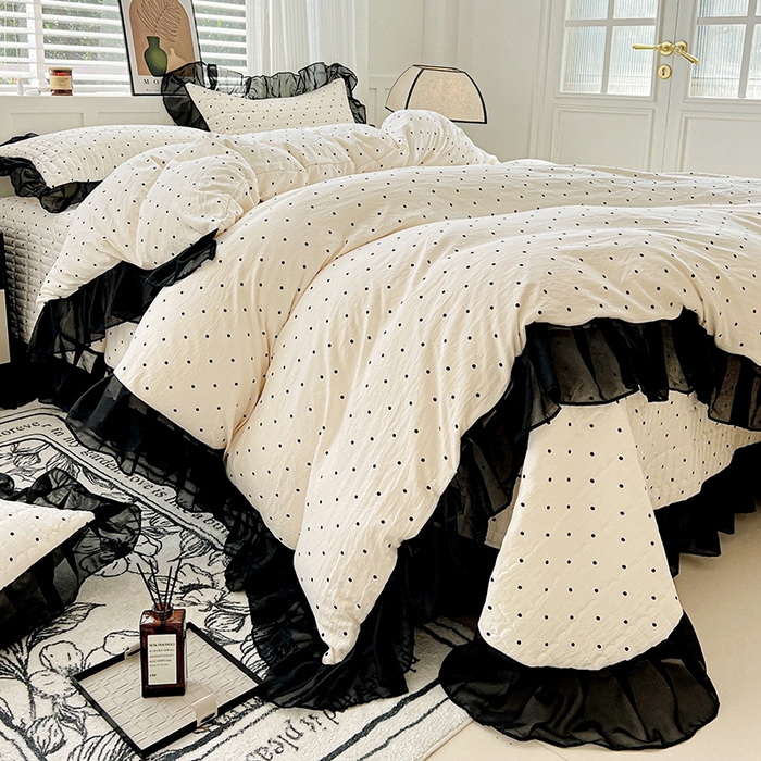 91家纺网 家纺一手货源 找家纺 艾橙 2025新款法式赫本风水洗棉印花雪纺花边单被套 点点爱