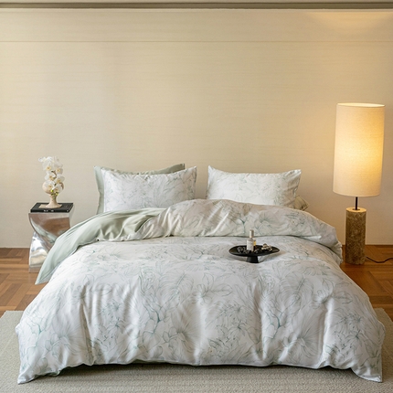 咏绒家纺工厂店 2025新款60S奥地利兰精天丝数码印花暗合简约款系列四件套 叶影-绿