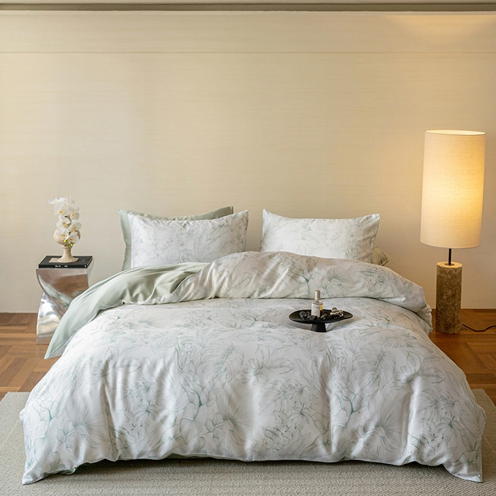 91家纺网 家纺一手货源 找家纺 咏绒家纺工厂店 2025新款60S奥地利兰精天丝数码印花暗合简约款系列四件套 叶影-绿