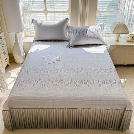 优家居 2025新款A类轻奢PE真凉感冰丝席床裙夏季冰豆豆凉席三件套可机洗水洗空调软席 PE-烟花兰