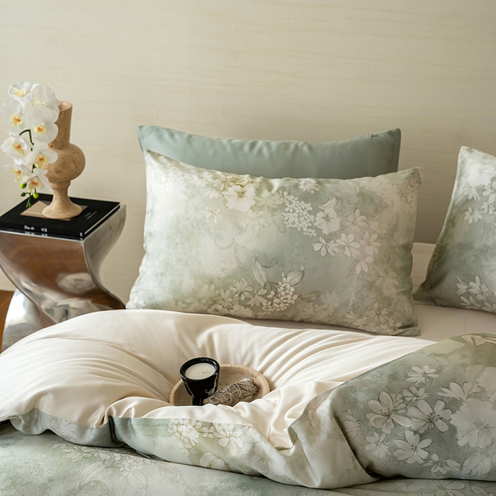 91家纺网 家纺一手货源 找家纺 咏绒家纺工厂店 2025新款60S奥地利兰精天丝数码印花暗合简约款系列四件套 知槿-绿