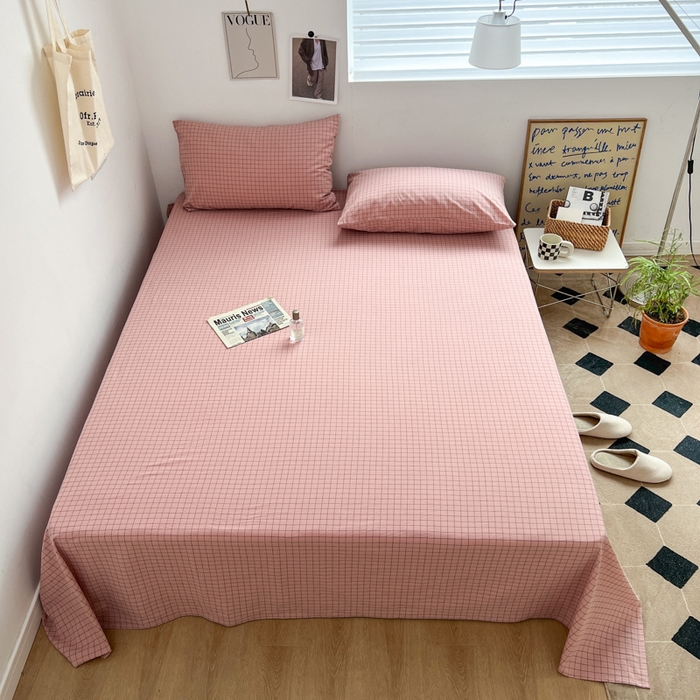 91家纺网 家纺一手货源 找家纺 2025新款水洗棉单床单 粉小方格