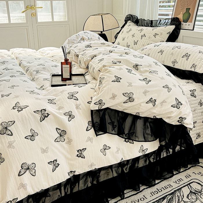 91家纺网 家纺一手货源 找家纺 （总）艾橙家纺2025新款法式赫本风水洗棉印花雪纺花边四件套