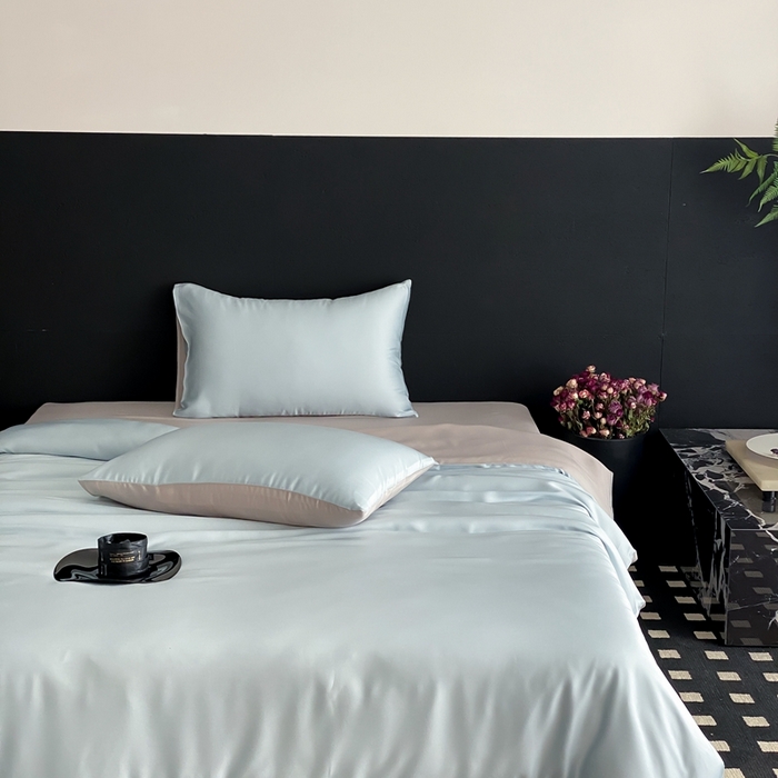 91家纺网 家纺一手货源 找家纺  禾时 2025新款60支兰精天丝轻奢纯色双拼四件套 映霜蓝-霜华银