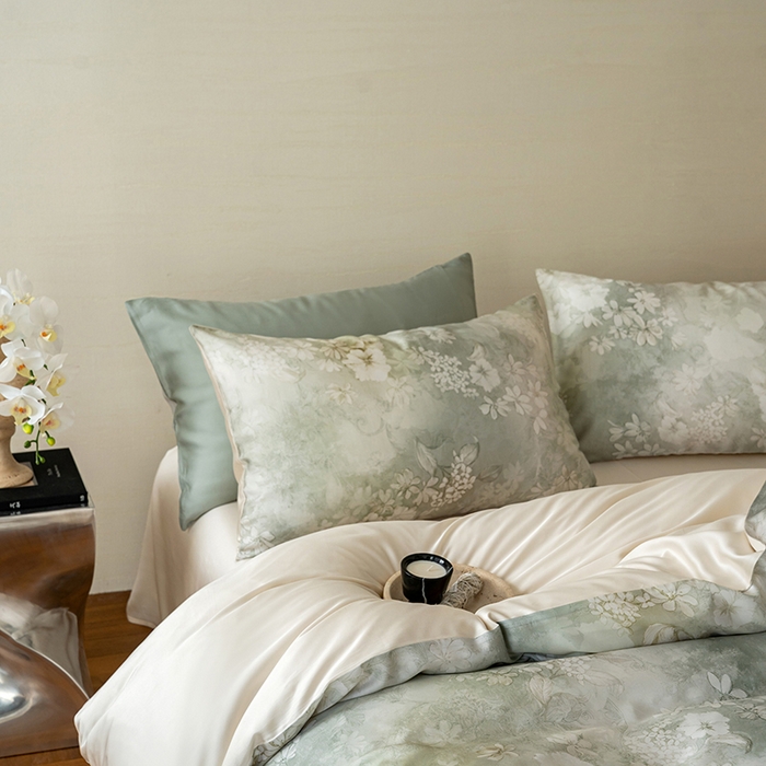 91家纺网 家纺一手货源 找家纺 咏绒家纺工厂店 2025新款60S奥地利兰精天丝数码印花暗合简约款系列四件套 知槿-绿