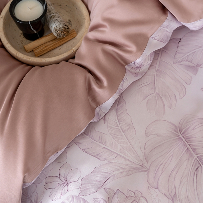 91家纺网 家纺一手货源 找家纺 咏绒家纺工厂店 2025新款60S奥地利兰精天丝数码印花暗合简约款系列四件套 叶影-紫