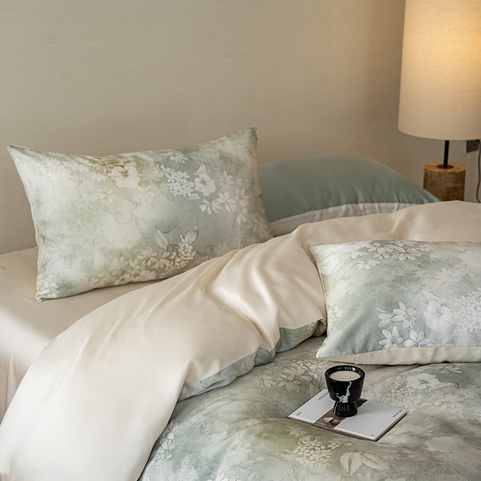 91家纺网 家纺一手货源 找家纺 咏绒家纺工厂店 2025新款60S奥地利兰精天丝数码印花暗合简约款系列四件套 知槿-绿