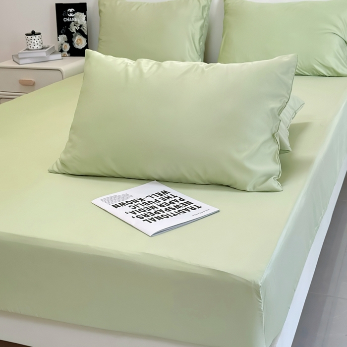 91家纺网 家纺一手货源 找家纺 兜米家居 2025新款床笠A类水洗真丝床笠三件套 冰绿