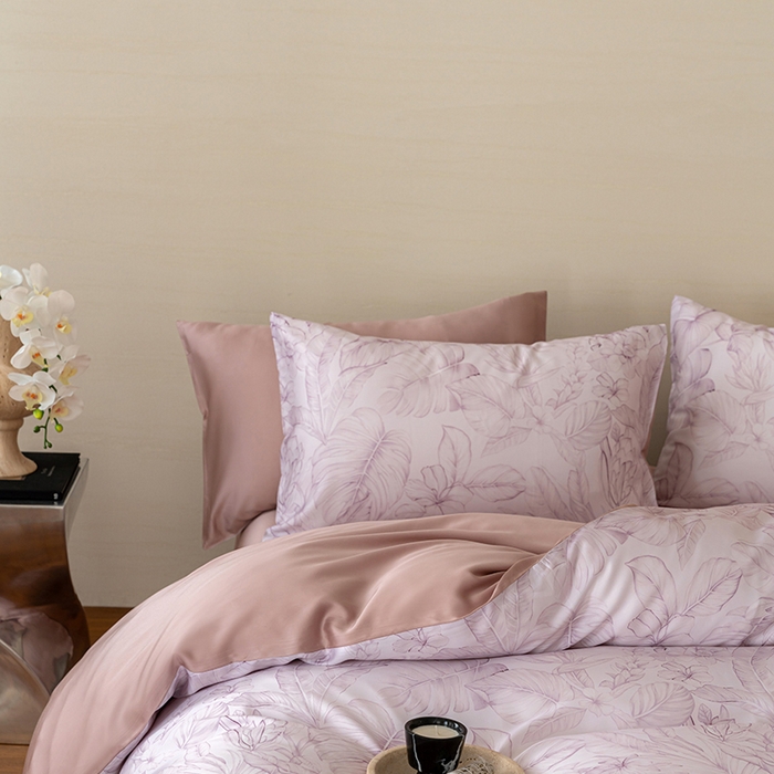 91家纺网 家纺一手货源 找家纺 咏绒家纺工厂店 2025新款60S奥地利兰精天丝数码印花暗合简约款系列四件套 叶影-紫