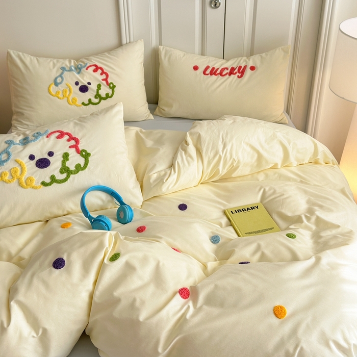 91家纺网 家纺一手货源 找家纺 锦觅2025新款奶油小清新毛巾绣全棉纯棉四件套（专版花型必须控价） 彩虹波点