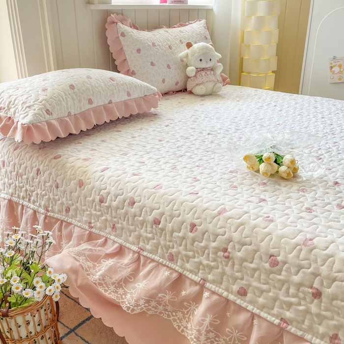 91家纺网 家纺一手货源 找家纺 雅眠居 2025新款直播针织棉双层纱夏被床盖四件套空调夏凉被单件三件套 爱心粉