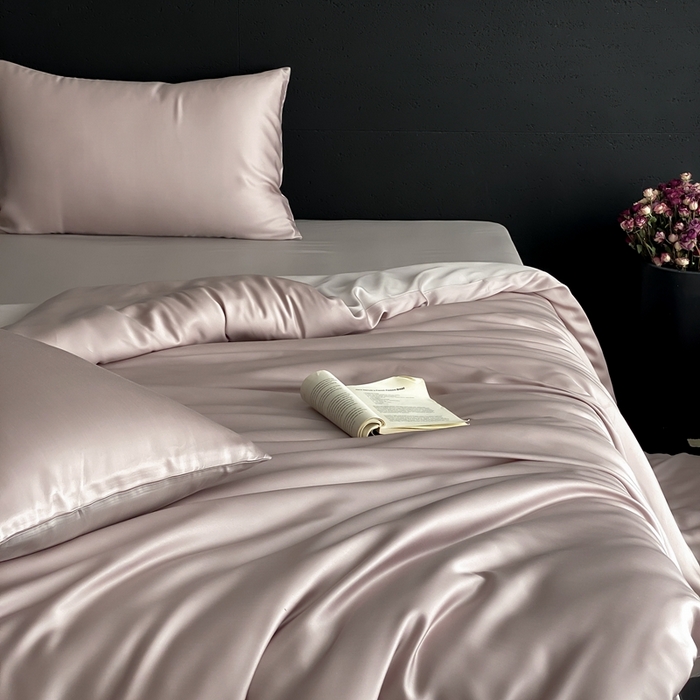 91家纺网 家纺一手货源 找家纺 禾时 2025新款60支兰精天丝轻奢纯色双拼四件套 夜影凝香-霜华银