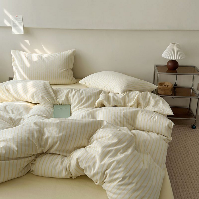 91家纺网 家纺一手货源 找家纺 水洗的故事 2025新款全棉色织水洗棉四件套 简序-米黄