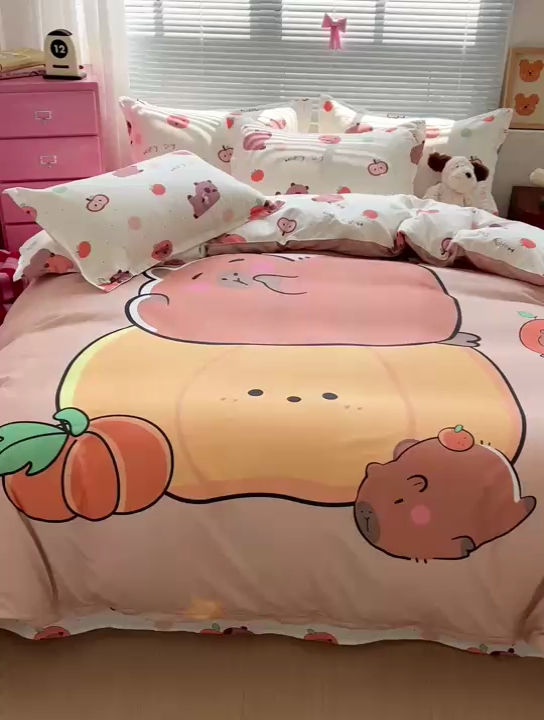 91家纺网 家纺一手货源 找家纺 KT猫直营店 2025新款加厚斜纹磨毛大版四件套 南瓜卡皮巴拉