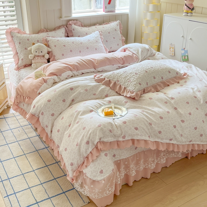 91家纺网 家纺一手货源 找家纺 雅眠居 2025新款直播针织棉双层纱夏被床盖四件套空调夏凉被单件三件套 爱心粉