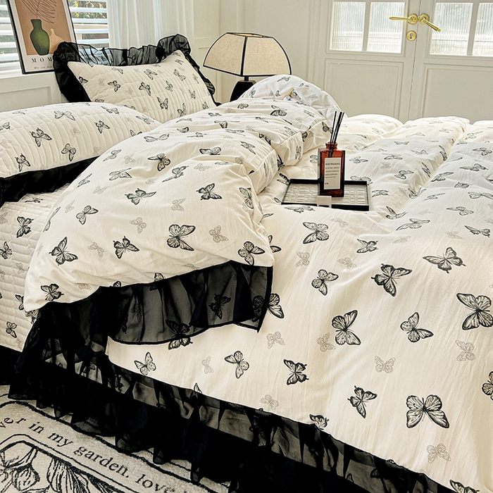 91家纺网 家纺一手货源 找家纺 （总）艾橙家纺2025新款法式赫本风水洗棉印花雪纺花边四件套