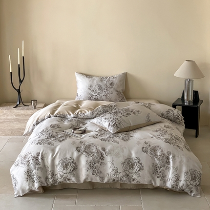 咏绒家纺工厂店 2025新款60S奥地利兰精天丝数码印花暗合简约款系列四件套 沁香-咖