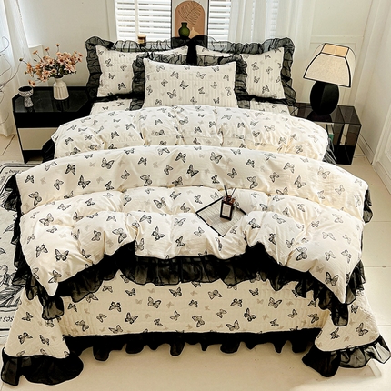 91家纺网 家纺一手货源 找家纺 （总）艾橙家纺2025新款法式赫本风水洗棉印花雪纺花边四件套