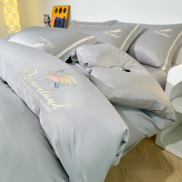 91家纺网 家纺一手货源 找家纺 （总）2025新款水洗冰丝刺绣四件套羽毛系列轻奢时尚北欧风床上用品学生宿舍三四件套