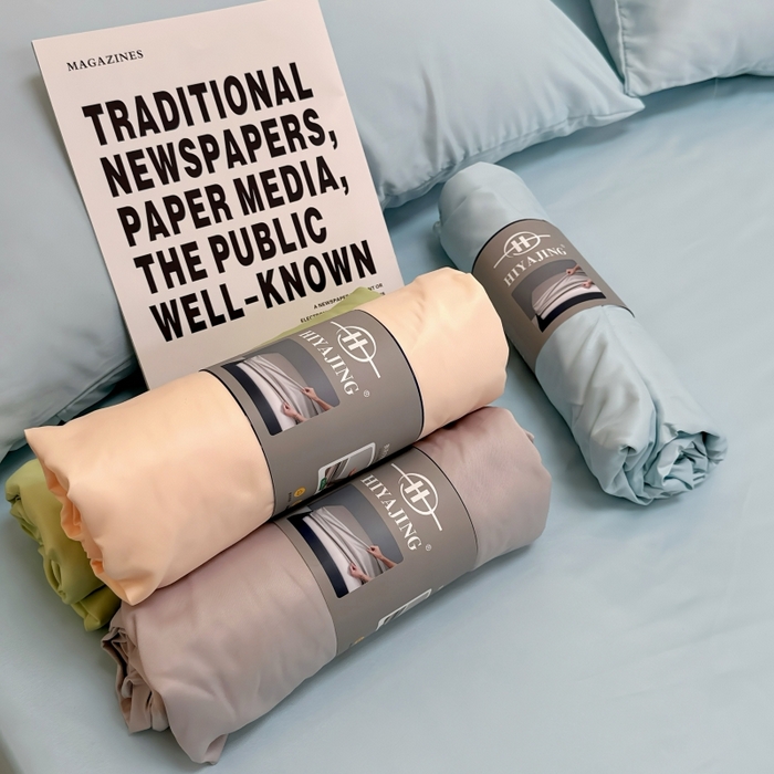 91家纺网 家纺一手货源 找家纺 兜米家居 2025新款床笠A类水洗真丝床笠三件套 冰蓝