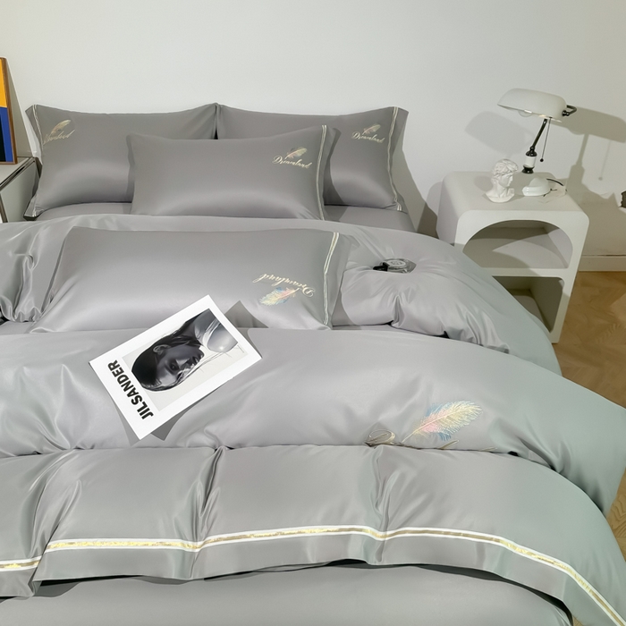 91家纺网 家纺一手货源 找家纺 （总）2025新款水洗冰丝刺绣四件套羽毛系列轻奢时尚北欧风床上用品学生宿舍三四件套