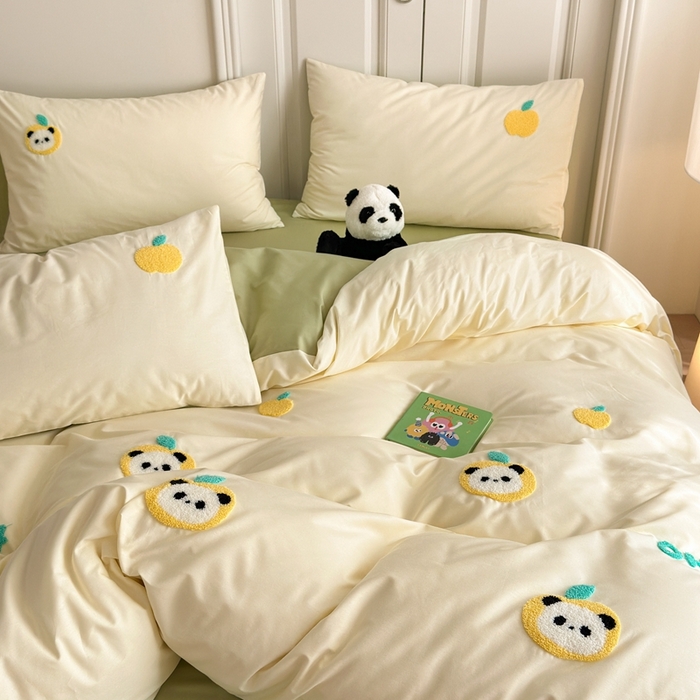 91家纺网 家纺一手货源 找家纺 锦觅2025新款奶油小清新毛巾绣全棉纯棉四件套（专版花型必须控价） 苹果熊猫