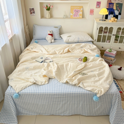 桃心家居 2025新款A类ins云柔水洗棉大豆织标蝴蝶结毛球少女单夏被夏被四件套系列 清新梦蓝