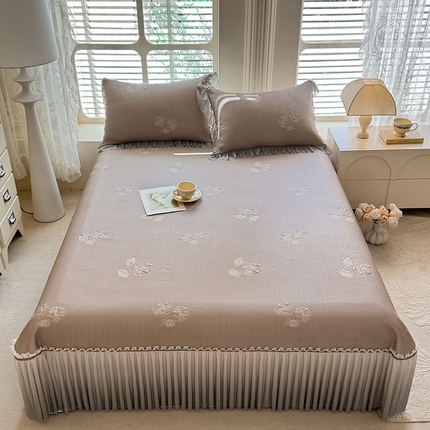 优家居 2025新款A类轻奢PE真凉感冰丝席床裙夏季冰豆豆凉席三件套可机洗水洗空调软席 PE-金玫瑰 
