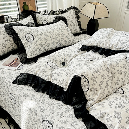 91家纺网 家纺一手货源 找家纺 （总）艾橙 2025新款法式赫本风水洗棉印花雪纺花边单被套