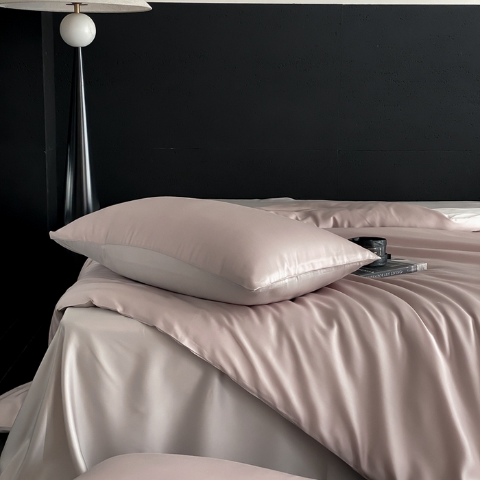 91家纺网 家纺一手货源 找家纺 禾时 2025新款60支兰精天丝轻奢纯色双拼四件套 夜影凝香-霜华银