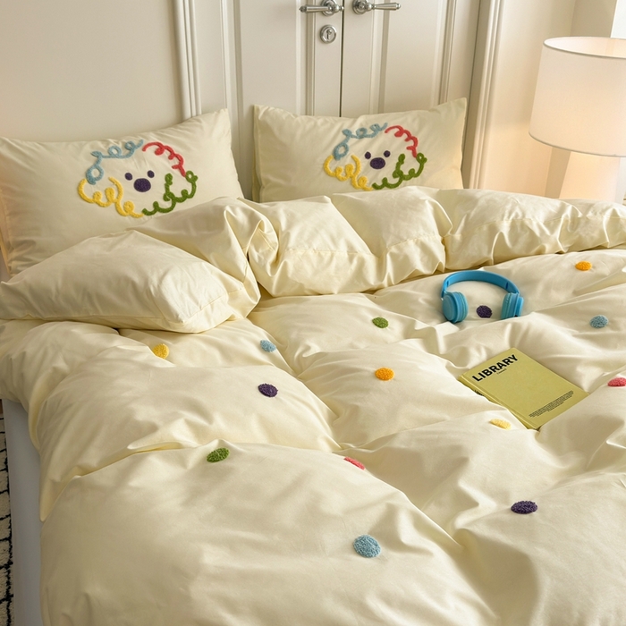 91家纺网 家纺一手货源 找家纺 锦觅2025新款奶油小清新毛巾绣全棉纯棉四件套（专版花型必须控价） 彩虹波点