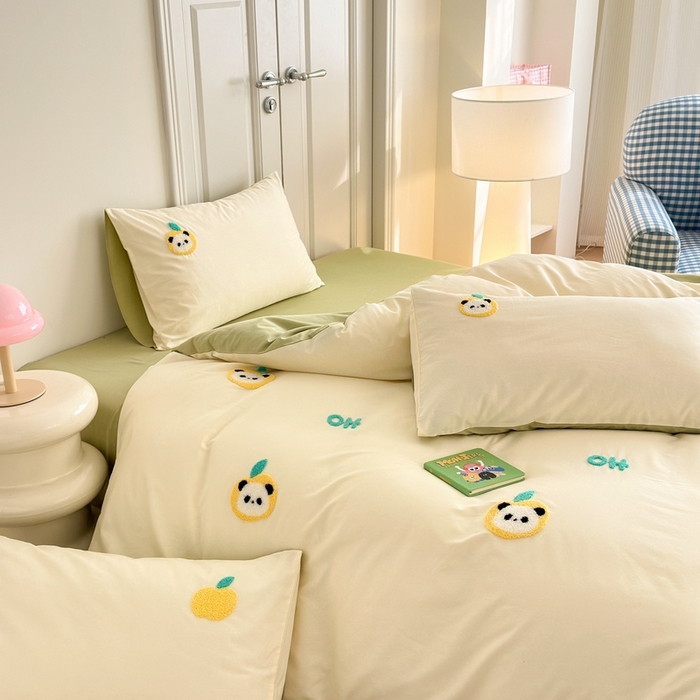 91家纺网 家纺一手货源 找家纺 锦觅2025新款奶油小清新毛巾绣全棉纯棉四件套（专版花型必须控价） 苹果熊猫