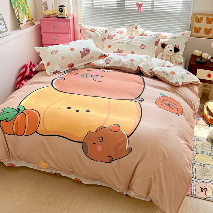 91家纺网 家纺一手货源 找家纺 KT猫直营店 2025新款加厚斜纹磨毛大版四件套 南瓜卡皮巴拉