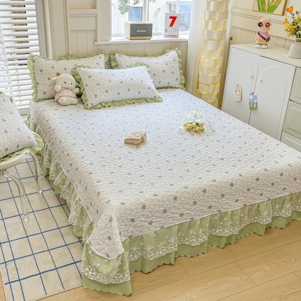雅眠居 2025新款直播针织棉双层纱夏被床盖四件套空调夏凉被单件三件套 爱心绿