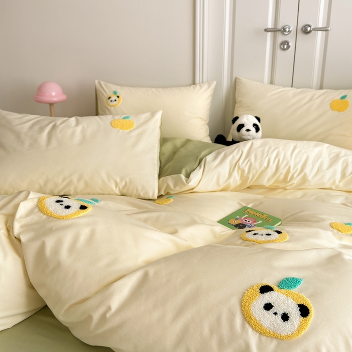 91家纺网 家纺一手货源 找家纺 锦觅2025新款奶油小清新毛巾绣全棉纯棉四件套（专版花型必须控价） 苹果熊猫