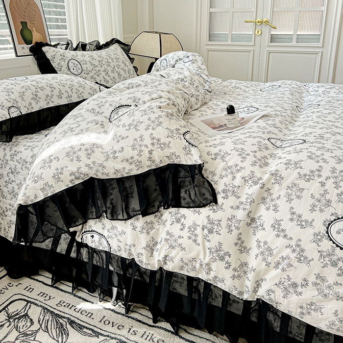 91家纺网 家纺一手货源 找家纺 艾橙 2025新款法式赫本风水洗棉印花雪纺花边单被套 澜音花香