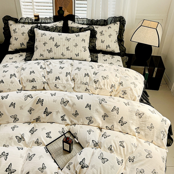 91家纺网 家纺一手货源 找家纺 （总）艾橙家纺2025新款法式赫本风水洗棉印花雪纺花边四件套