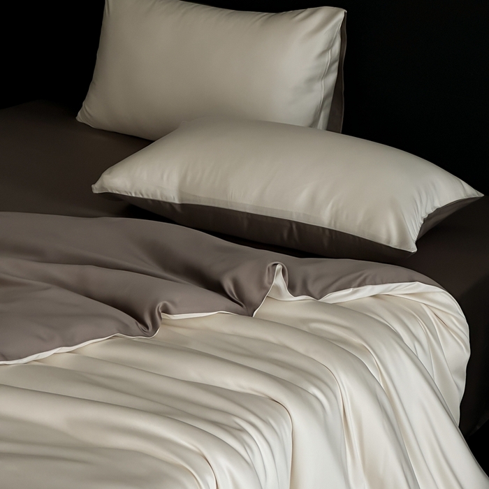 91家纺网 家纺一手货源 找家纺  禾时 2025新款60支兰精天丝轻奢纯色双拼四件套 乳蛋白-冷岩灰