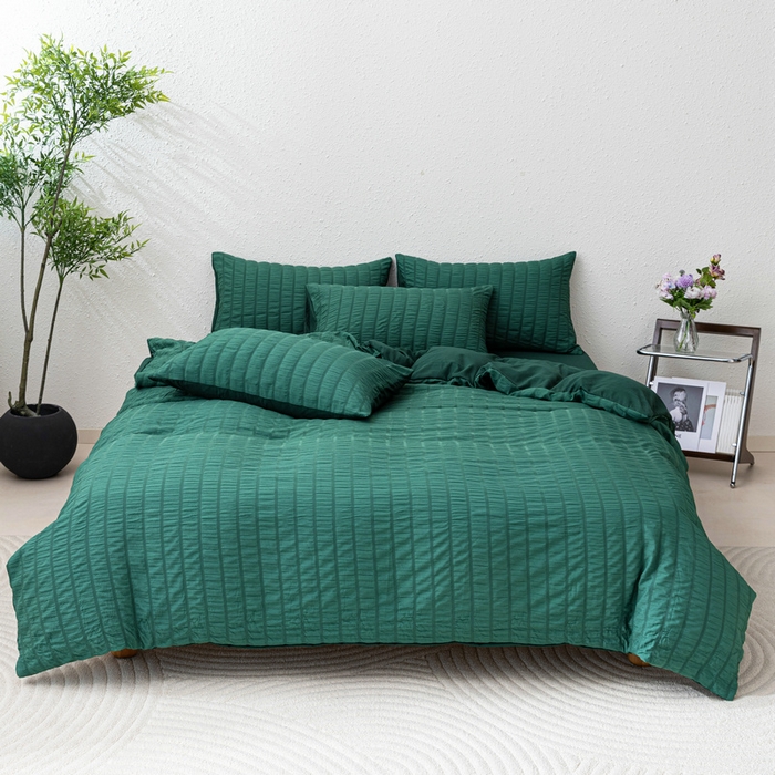 91家纺网 家纺一手货源 找家纺 恩和家纺 2025新款条纹立体泡泡纱亲肤棉四件套 墨绿