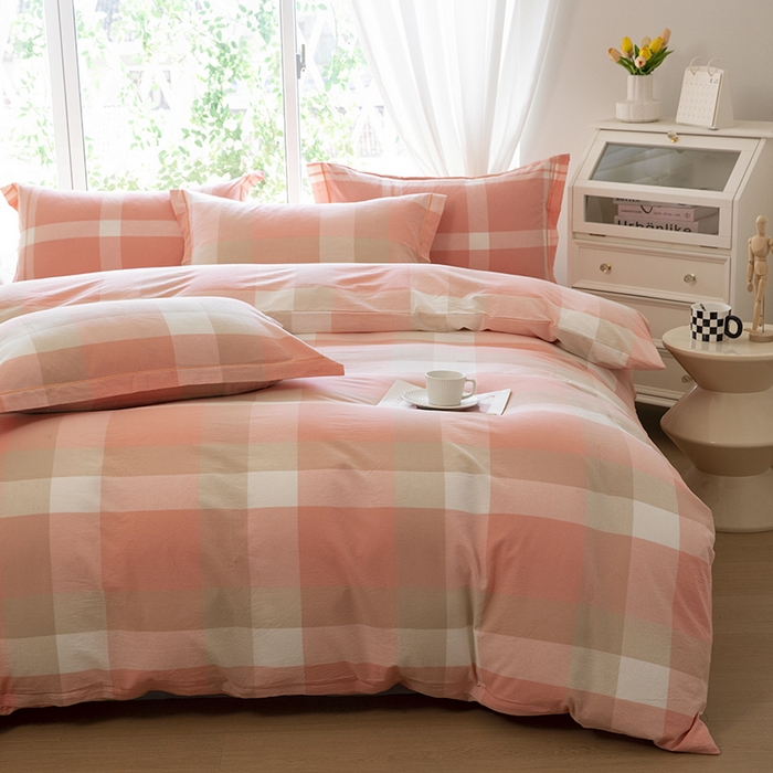 91家纺网 家纺一手货源 找家纺 木易家居 2025新款全棉色织水洗棉四件套 米夕玉大格