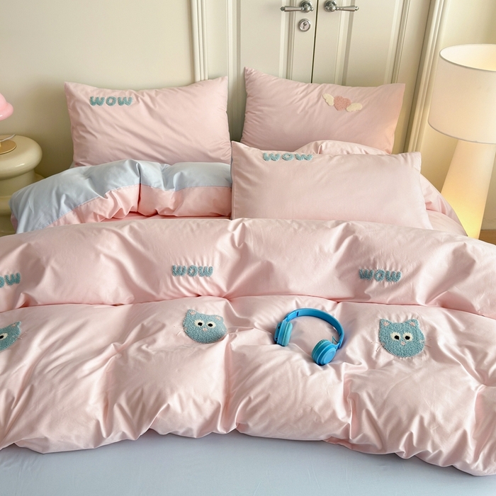 91家纺网 家纺一手货源 找家纺 锦觅2025新款奶油小清新毛巾绣全棉纯棉四件套（专版花型必须控价） 甜心小猫