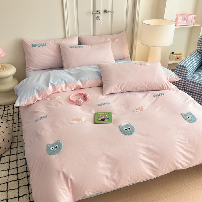 91家纺网 家纺一手货源 找家纺 锦觅2025新款奶油小清新毛巾绣全棉纯棉四件套（专版花型必须控价） 甜心小猫