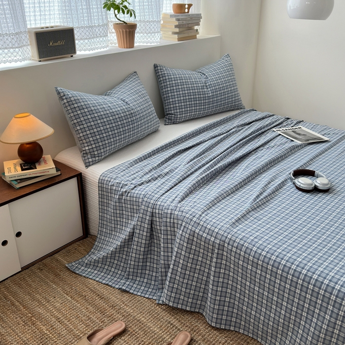 91家纺网 家纺一手货源 找家纺 2025新款水洗棉单床单 简约格蓝