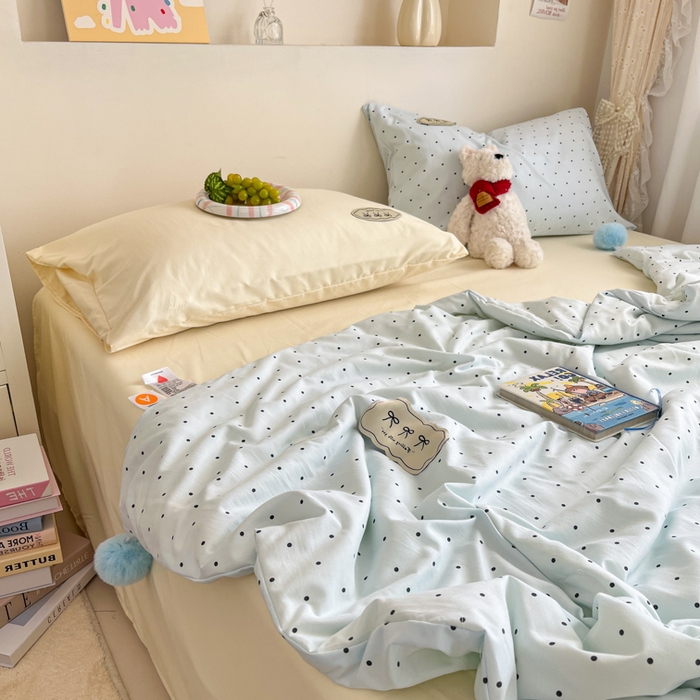 91家纺网 家纺一手货源 找家纺 桃心家居 2025新款A类ins云柔水洗棉大豆织标蝴蝶结毛球少女单夏被夏被四件套系列 薄荷布丁